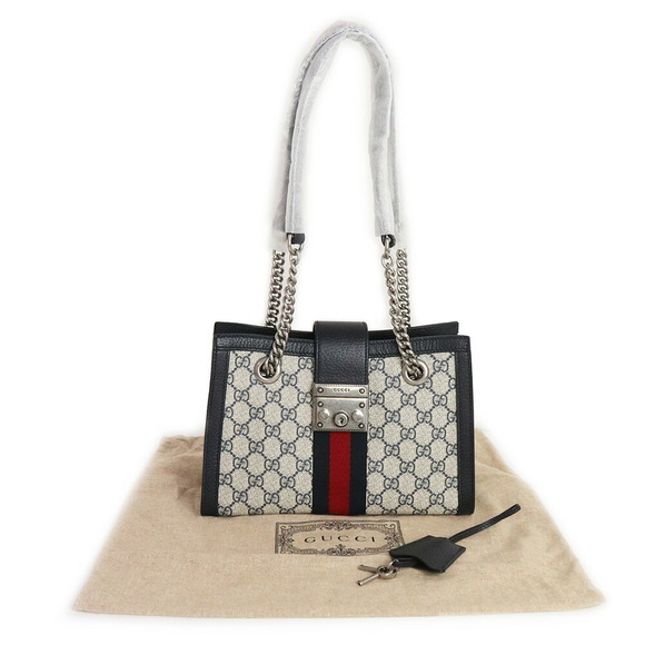Gucci Padlock Web Stripe Chain Tote Bag GG Supreme Navy Blue - Picture 2 of 9